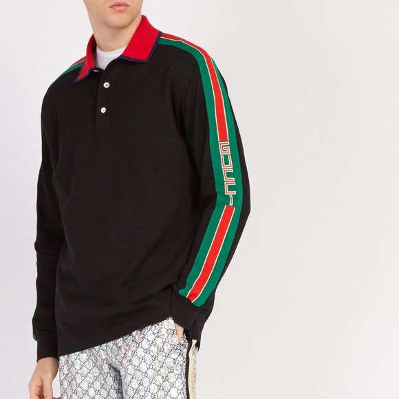 New with tags Gucci Web-stripe Detail Long Sleeve Polo in Black - Picture 8 of 9